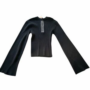 Wayne Rogers Elegant Black Ribbed Women Long Bell Sleeve Top Size M